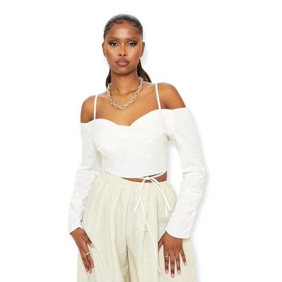 Natural Linen Look Cowl Front Ruched Sleeve Crop Top - Picture 2 of 5